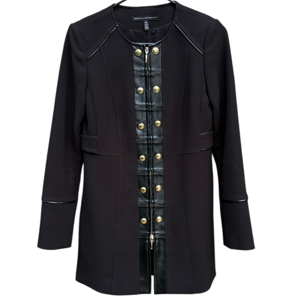 EUC White House Black Market Faux Leather Trimmed Long Line Duster Jacket Top XS